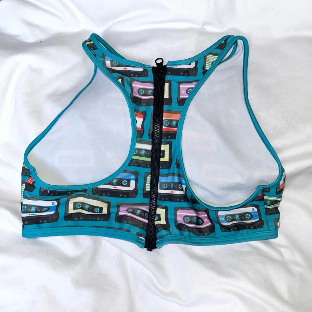 Cassette Tape Racer Back Swimsuit Top with Zipper - Picture 2 of 3